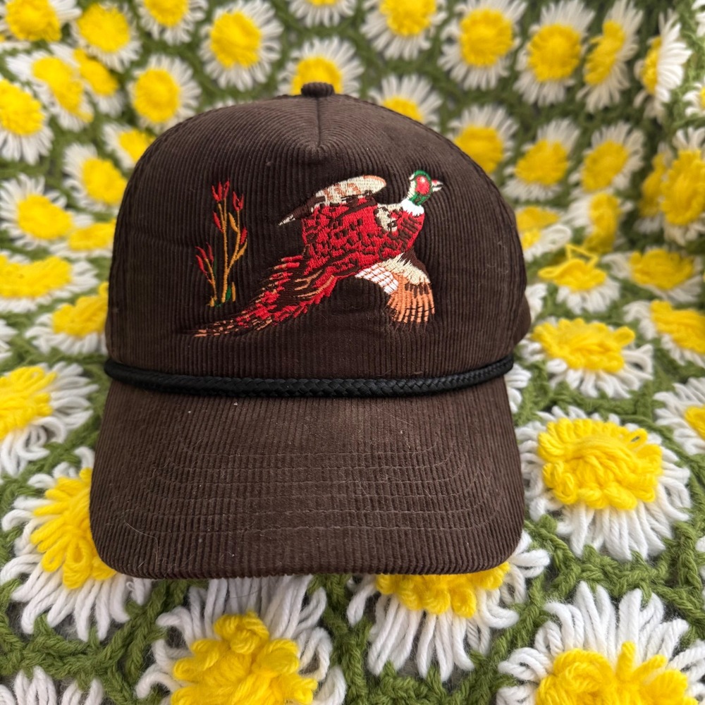 Vintage Inspired Pheasant Bird Hunting Corduroy Trucker Hat Mens Brown Snapback